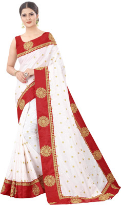 havli Embroidered Bollywood Pure Silk Saree(White)
