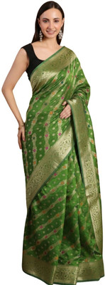 EZIESHREE Floral Print Banarasi Pure Silk Saree(Green)