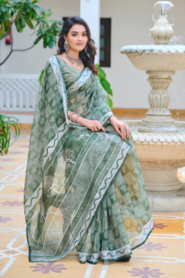 Vinayak Textile Printed Bollywood Linen Saree(Green)