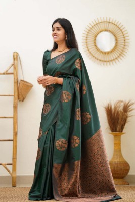 HouseOfCommon Woven Banarasi Art Silk Saree(Dark Green)