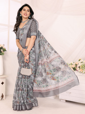 HITESH ENTERPRISE Floral Print Bollywood Cotton Linen Saree(Pack of 2, Grey)