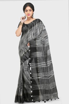 Mystory Woven Tant Handloom Pure Cotton Saree(White, Black)