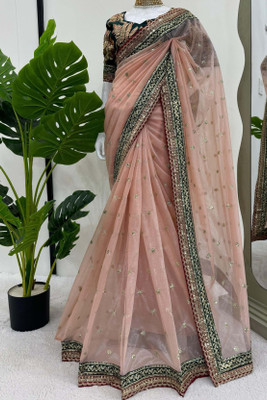 Verviza Embroidered Bollywood Net Saree(Cream)
