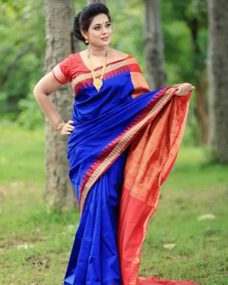 MHSareeDestination Temple Border, Solid/Plain Sambalpuri Pure Silk Saree(Green)