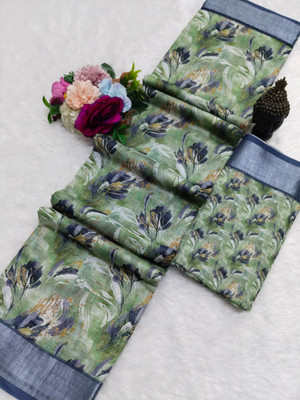 HouseOfCommon Printed Kanjivaram Linen, Cotton Linen Saree(Green)