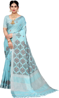 ALAGINI Embroidered, Woven Kalamkari Cotton Linen Saree(Blue)