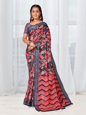 ANOUK Printed Daily Wear Linen Saree(Black)