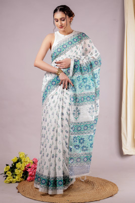 RP CREATION Printed Daily Wear Cotton Linen Saree(Light Blue)
