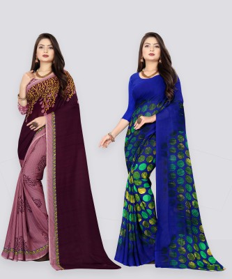 Anand Sarees Printed Daily Wear Georgette Saree(Pack of 2, Purple, Brown, Blue)