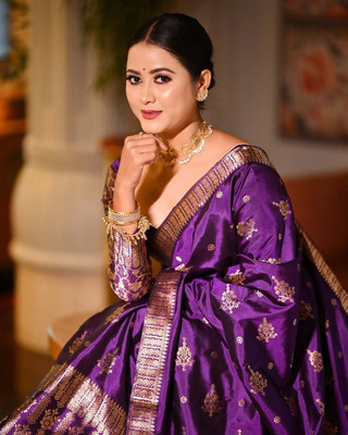 VRAJ CREATION Woven Mekhela Chador Pure Silk Saree(Purple)