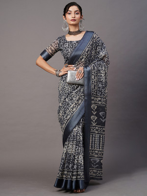 Divastri Printed Ikkat Cotton Blend Saree(Grey)