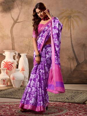 Divastri Printed Bollywood Cotton Blend Saree(Purple)