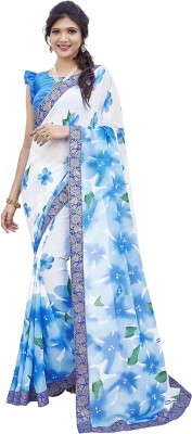 Priyashi Printed Bandhani Georgette, Lace Saree(Blue)