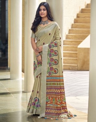 Divastri Floral Print, Embellished Bollywood Cotton Blend Saree(Beige, Multicolor)