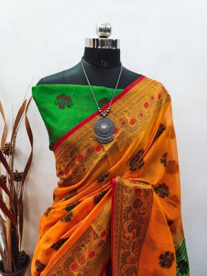 ASHTA Woven Kanjivaram Pure Cotton, Cotton Silk Saree(Orange)