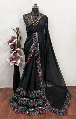 Krish Creation Printed Bollywood Georgette Saree(Black)
