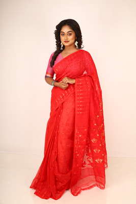 GOURISAREE Self Design Jamdani Cotton Blend Saree(Red)