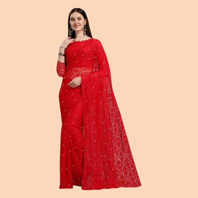 NORAFLEX Embroidered Bollywood Net Saree(Red)