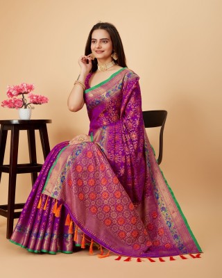 IRIS Woven Patola Pure Silk Saree(Purple)