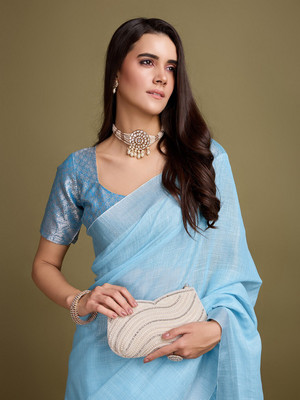 Divastri Self Design Bollywood Linen Saree(Blue)
