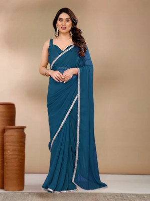 Avishafab Solid/Plain Bollywood Georgette Saree(Light Blue)