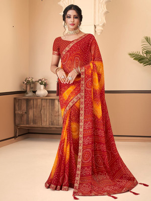 SainiVastra Printed Bandhani Chiffon Saree(Red)
