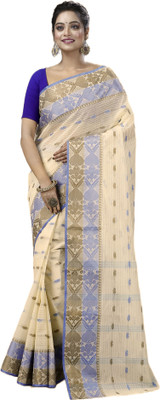 SUBHO SAREE CENTRE Woven, Embellished Tant Pure Cotton Saree(Gold, Blue, Cream)