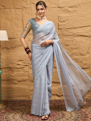 Vichitra Solid/Plain Bollywood Chiffon Saree(Grey)