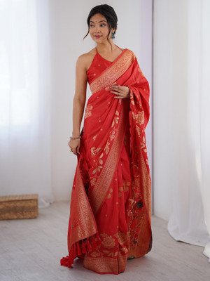 Sareemall Woven Kanjivaram Silk Blend Saree(Red)