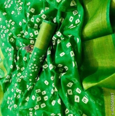 Harshiv Enterprise Printed Bandhani Cotton Blend Saree(Green)