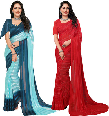 kashvi sarees Striped Bollywood Satin Saree(Pack of 2, Dark Blue, Light Blue, Red)