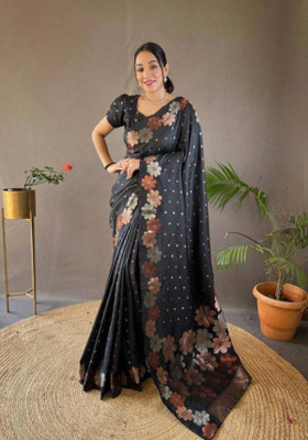 Soor Panchi Self Design Banarasi Silk Blend Saree(Black)