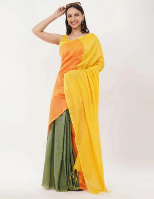 WeaveAura Self Design Handloom Cotton Blend Saree(Yellow, Red)