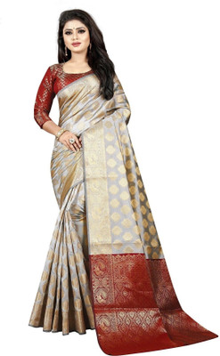 Hinayat Fashion Self Design, Printed, Embroidered, Embellished, Woven Banarasi Cotton Silk, Silk Blend Saree(White)