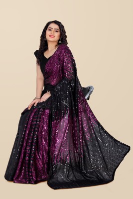 JAY RAMDEV FASHION Embroidered Bollywood Georgette Saree(Black, Purple)