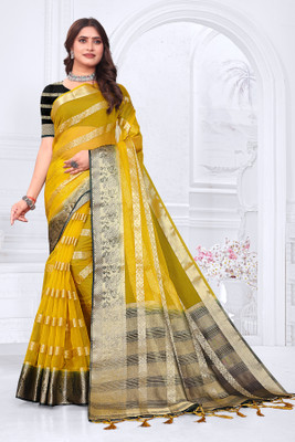 Aarunika IC Striped Bollywood Organza Saree(Yellow, Black)