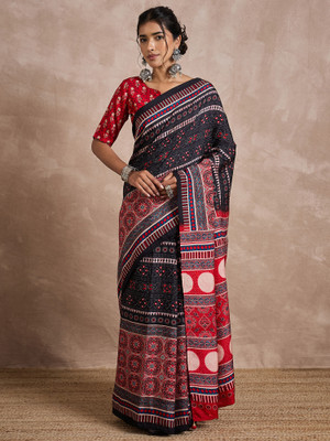 Sareemall Printed Hand Batik Viscose Rayon Saree(Black)