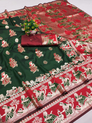 Ratnavali Woven Baluchari Silk Blend, Art Silk Saree(Dark Green)