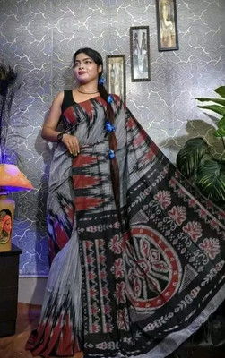 Trishul Geometric Print Sambalpuri Pure Cotton Saree(Black, Grey, Red)