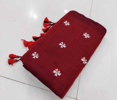 TWRIL Embroidered Handloom Pure Cotton Saree(Maroon)