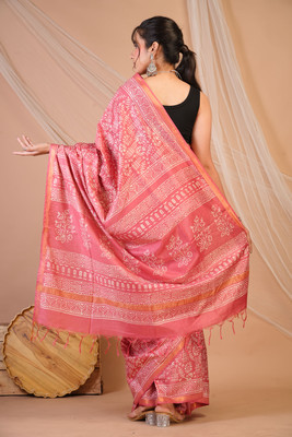 Anuttara Printed Saree with Attached Blouse Cotton Silk Saree(Pink)