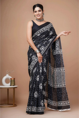Tetarwal Printed Daily Wear Pure Cotton Saree(Black)