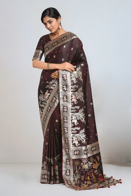 Attiris Woven Banarasi Silk Blend Saree(Brown)