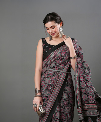 Sareemall Digital Print Sambalpuri Cotton Blend, Art Silk Saree(Black)