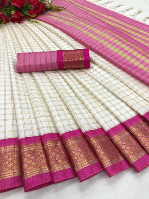 Bombey Velvat Fab Woven Dharmavaram Pure Silk, Cotton Silk Saree(Pink, White, Gold)