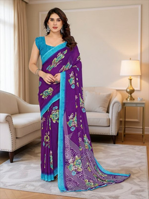SmittenSmit Printed Bollywood Georgette Saree(Purple, Blue)