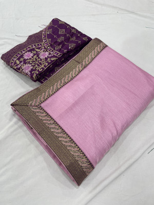 Vichitra Solid/Plain Bollywood Silk Blend Saree(Pink)