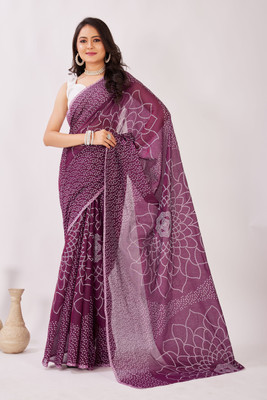 PIYA DESIGNER Floral Print, Hand Painted Bandhani Chanderi, Cotton Blend Saree(Purple)
