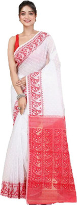 Ayanti Fashion Woven Handloom Cotton Silk, Organza Saree(Red, White)
