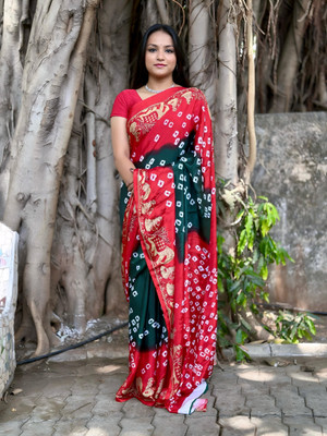 S.R.TEXTILES Printed Bandhani Crepe Saree(Green)